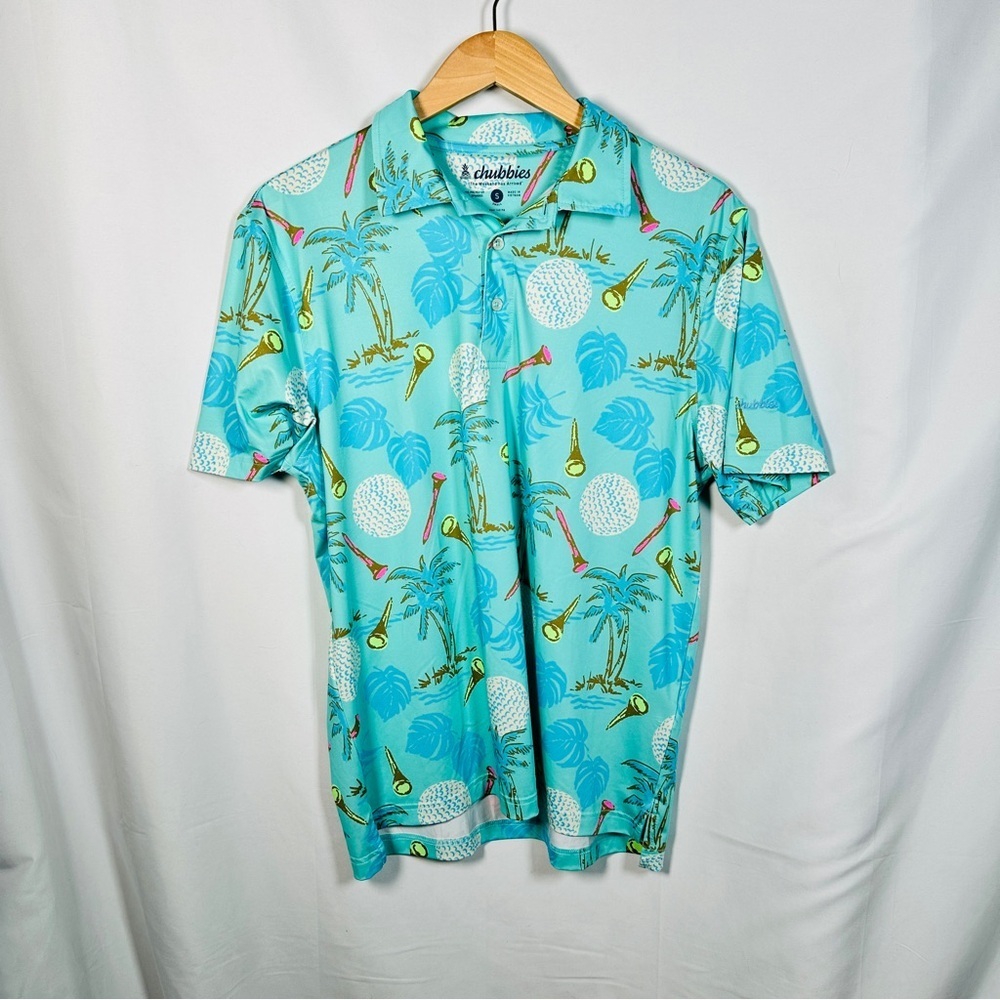 Chubbies Fore Palms Golf Polo Shirt Tropical Print Performance Stretch Small Aqu - Picture 2 of 8